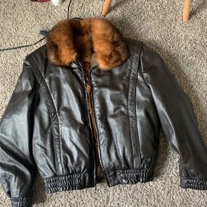 90s Dark Brown Leather Bomber Jacket With Fur Collar.         Mens Medium